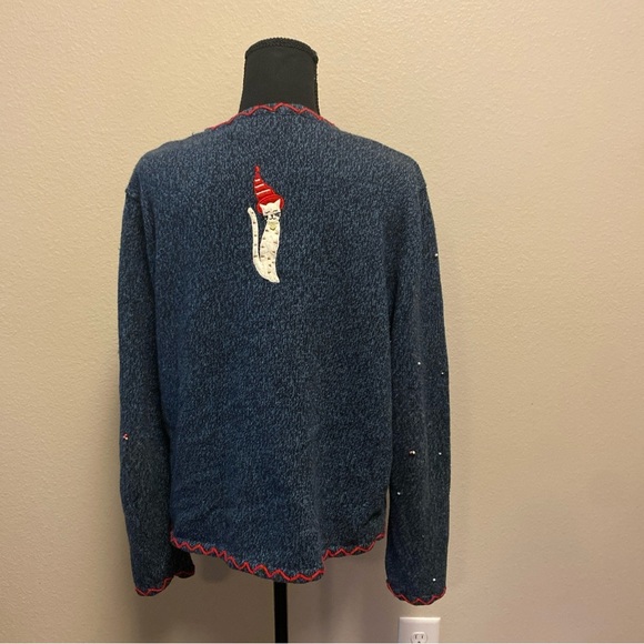 Erika Blue Knit with Red Trim Ugly Christmas Sweater Vintage Cat - Picture 3 of 8